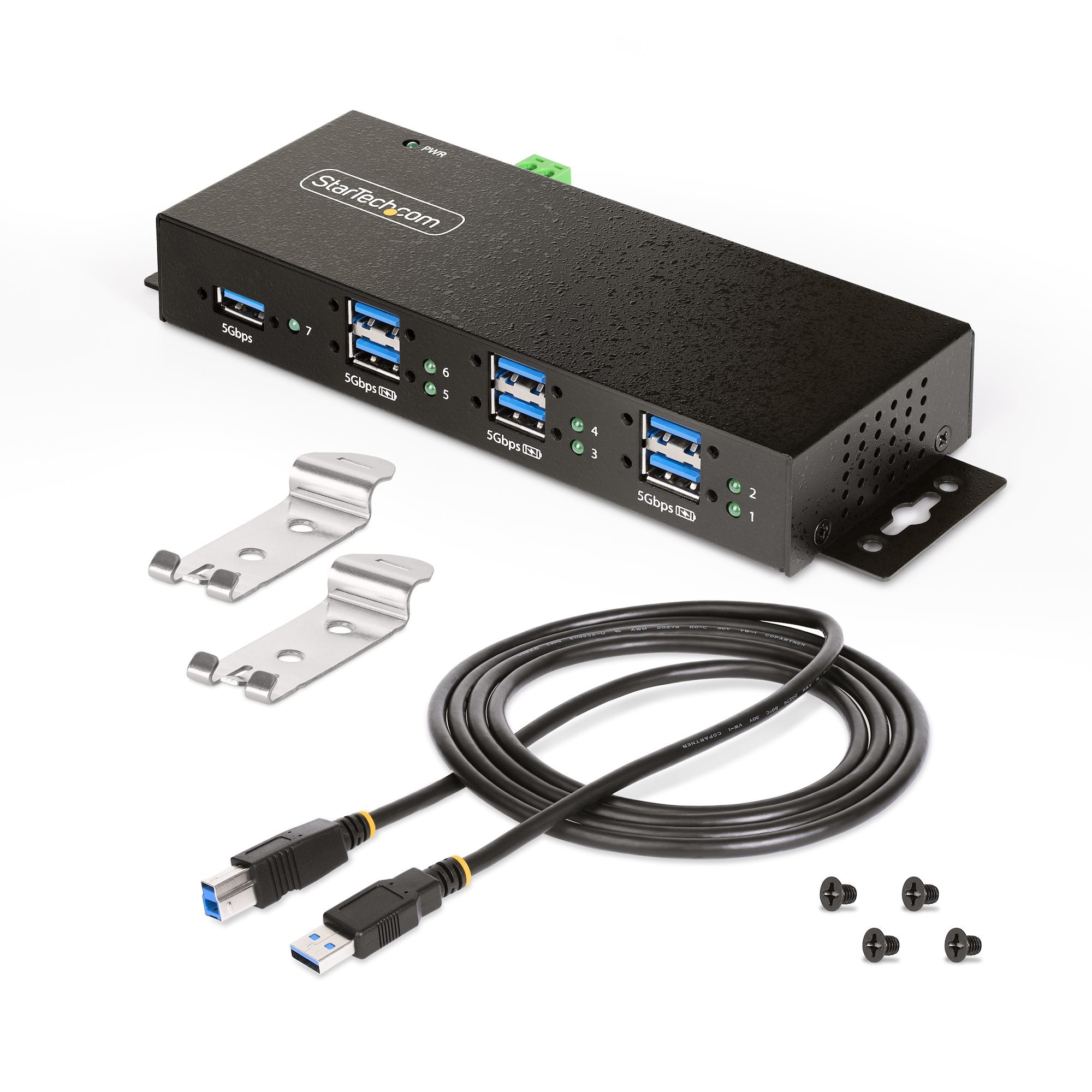 com Hanterad USB-hubb med 7 portar och 7x USB-A, robust industrihölje i metall, ESD- och överspänningsskydd, monterbar på vä