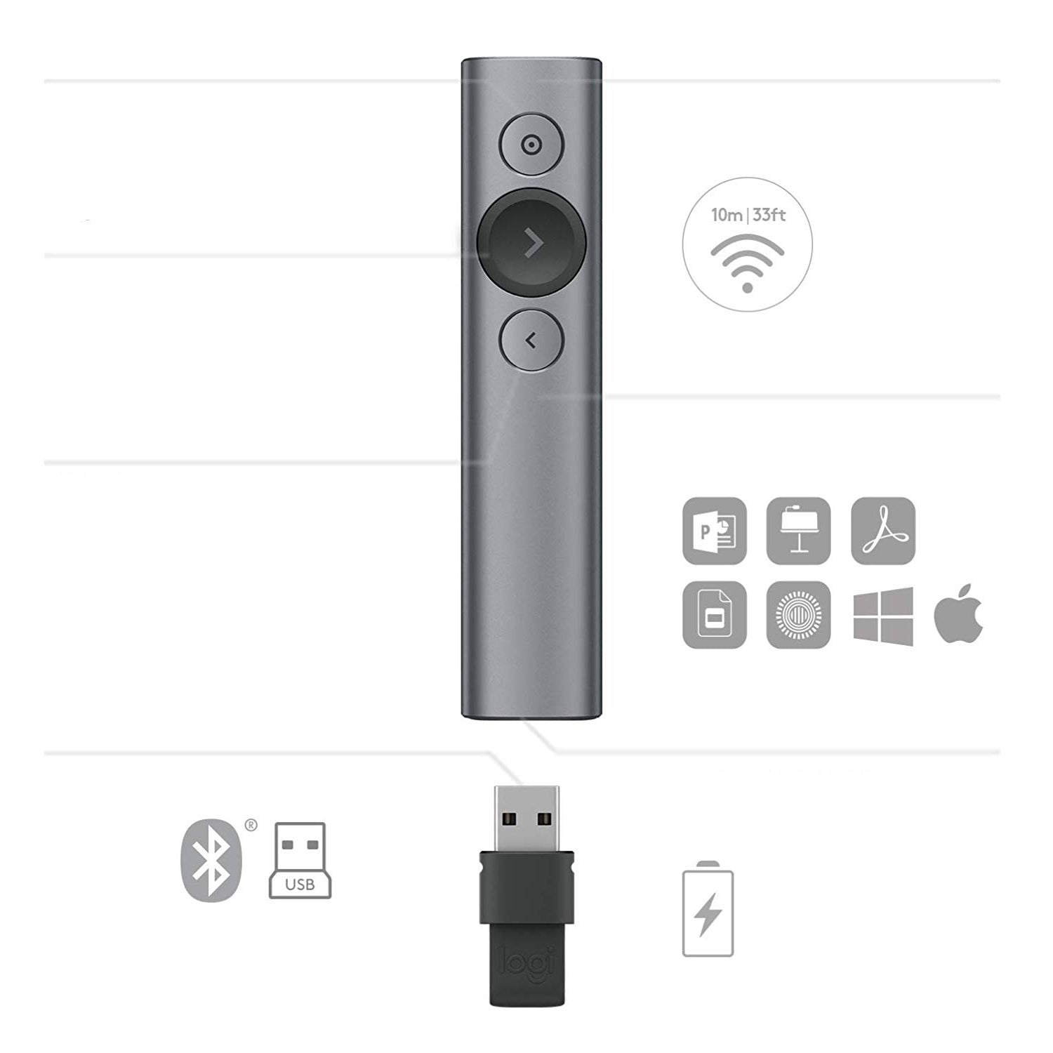 ight trådlösa presentatörer Bluetooth/RF Grå Logitech 910-004861 5099206070011|50992060700110 Trådlösa Presentatörer Spotl