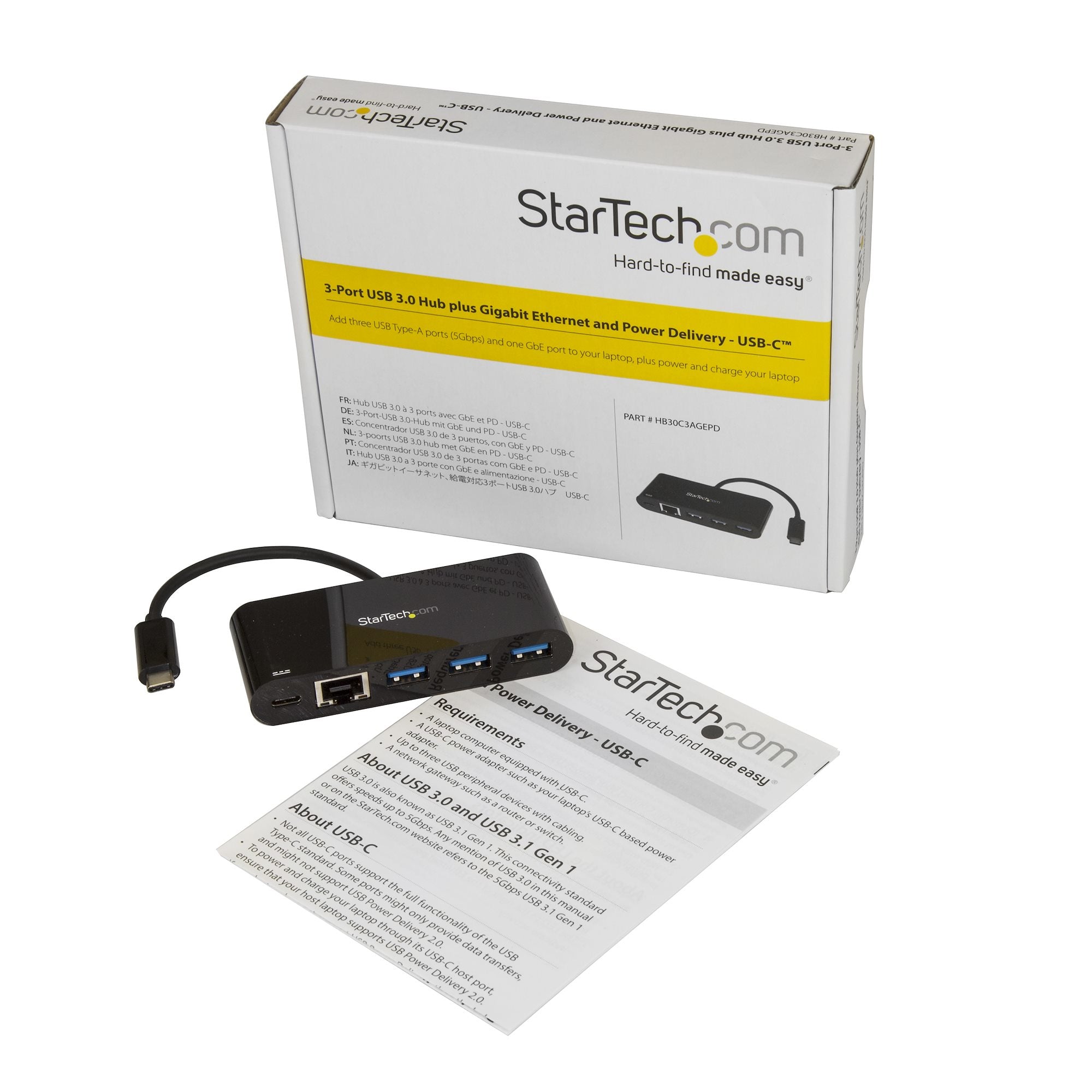 B 3.2 Gen 1 Type-C adapterhubb Gör om en bärbar dators USB-C-port till tre USB Type-A-portar (5 Gbps) samt en GbE-port ström
