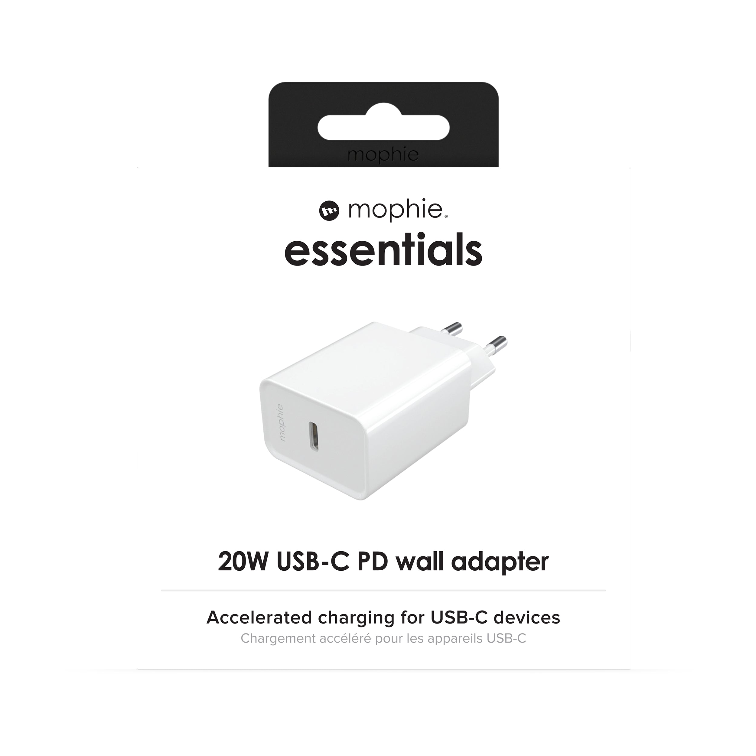 e essentials 20W USB-C PD wall adapter Universal Vit AC Snabb laddning inomhus mophie 409911856 0840056185685|840056185685 M