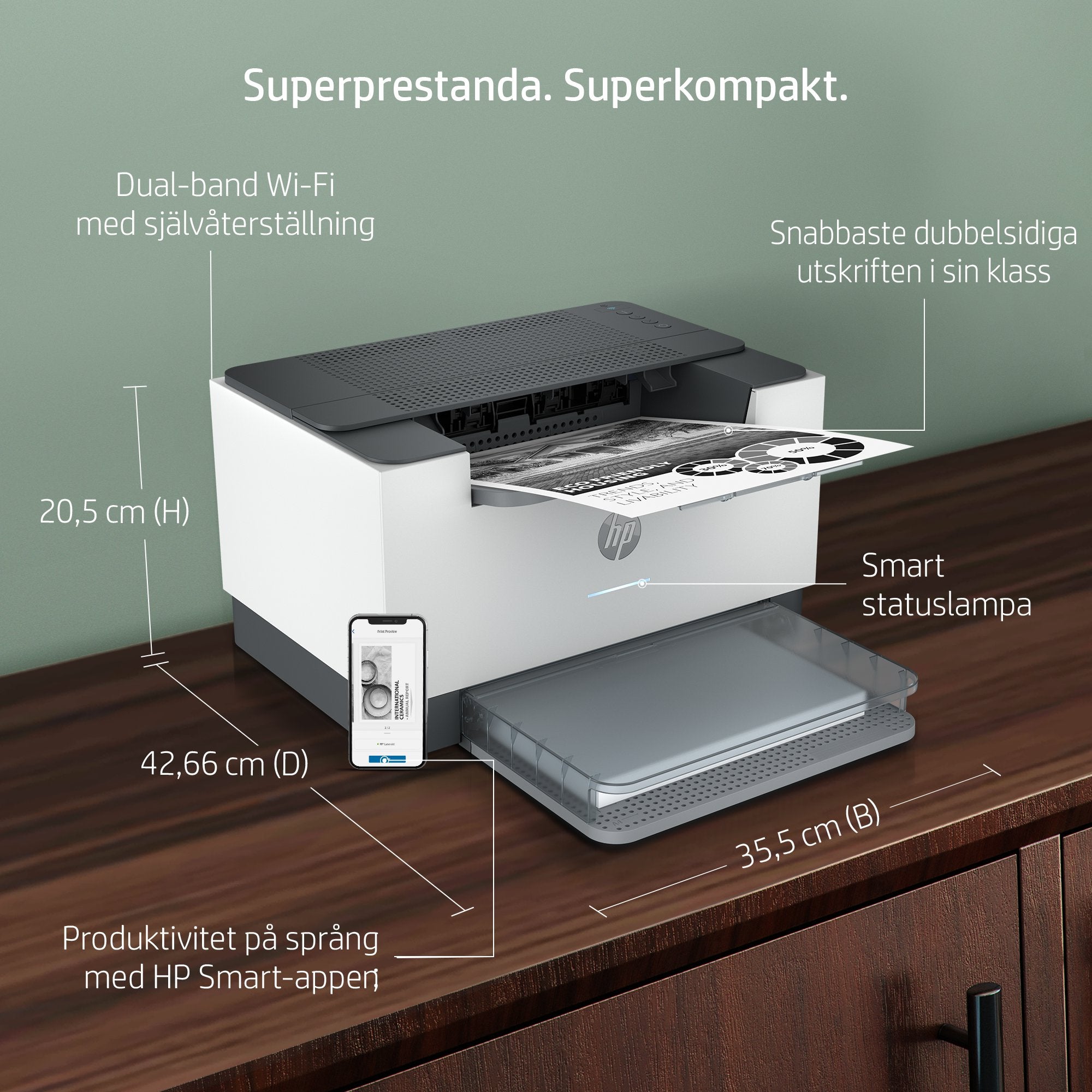 a och hemmakontor, Utskrift, Dubbelsidig utskrift; Kompakt storlek; Energieffektiv; Dual-Band Wi-Fi HP 6GW62F#B19 0194850664