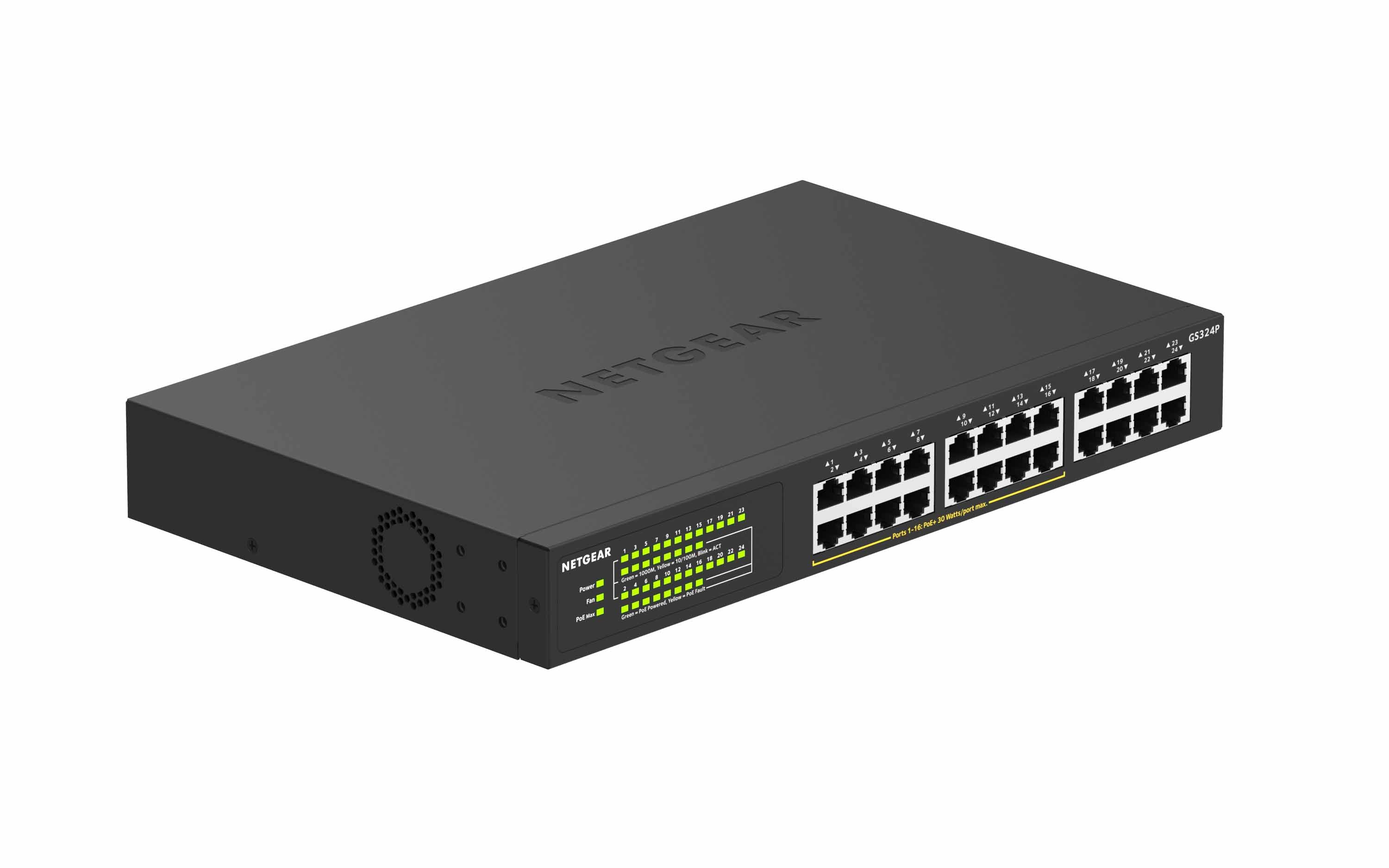 Gigabit Ethernet (10/100/1000) Strömförsörjning via Ethernet (PoE) stöd 1U Svart NETGEAR GS324P-100EUS 0606449144802|606449