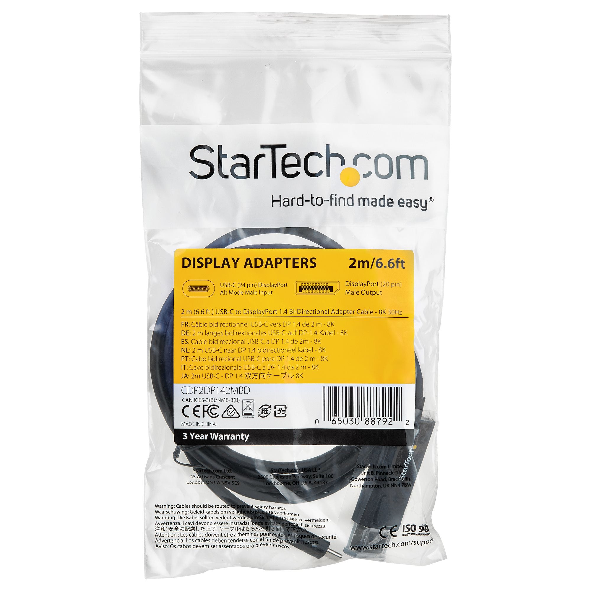 ectricalStuff.se StarTech.com 2 m USB-C till DisplayPort 1.4-kabel - dubbelriktad StarTech.com CDP2DP142MBD 0065030887922|