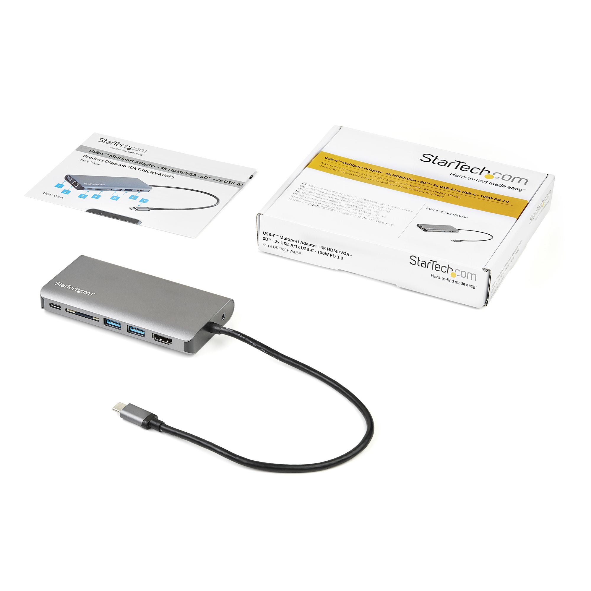 iportadapter - USB-C Mini-resedocka med 4K HDMI eller 1080p VGA - 3x USB 3.0-hubb, SD, GbE, Audio, 100 W PD Pass-through - B