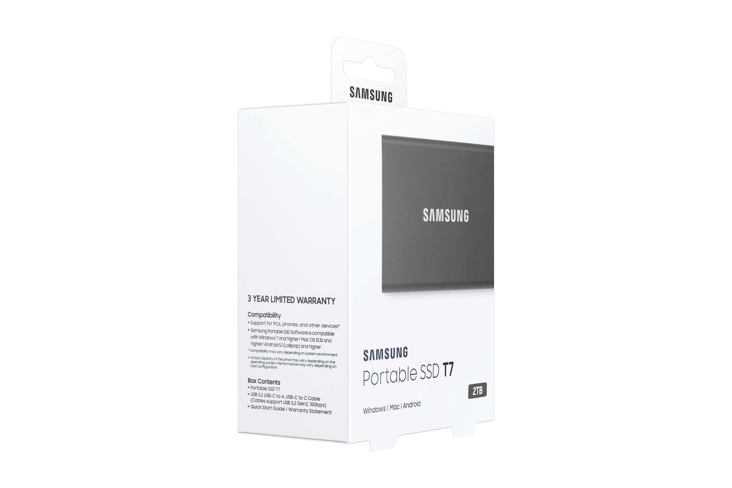 g Portable SSD T7 2 TB USB Type-C 3.2 Gen 2 (3.1 Gen 2) Grå Samsung MU-PC2T0T/WW 8806090312380|0887276396941|887276396941 Ex