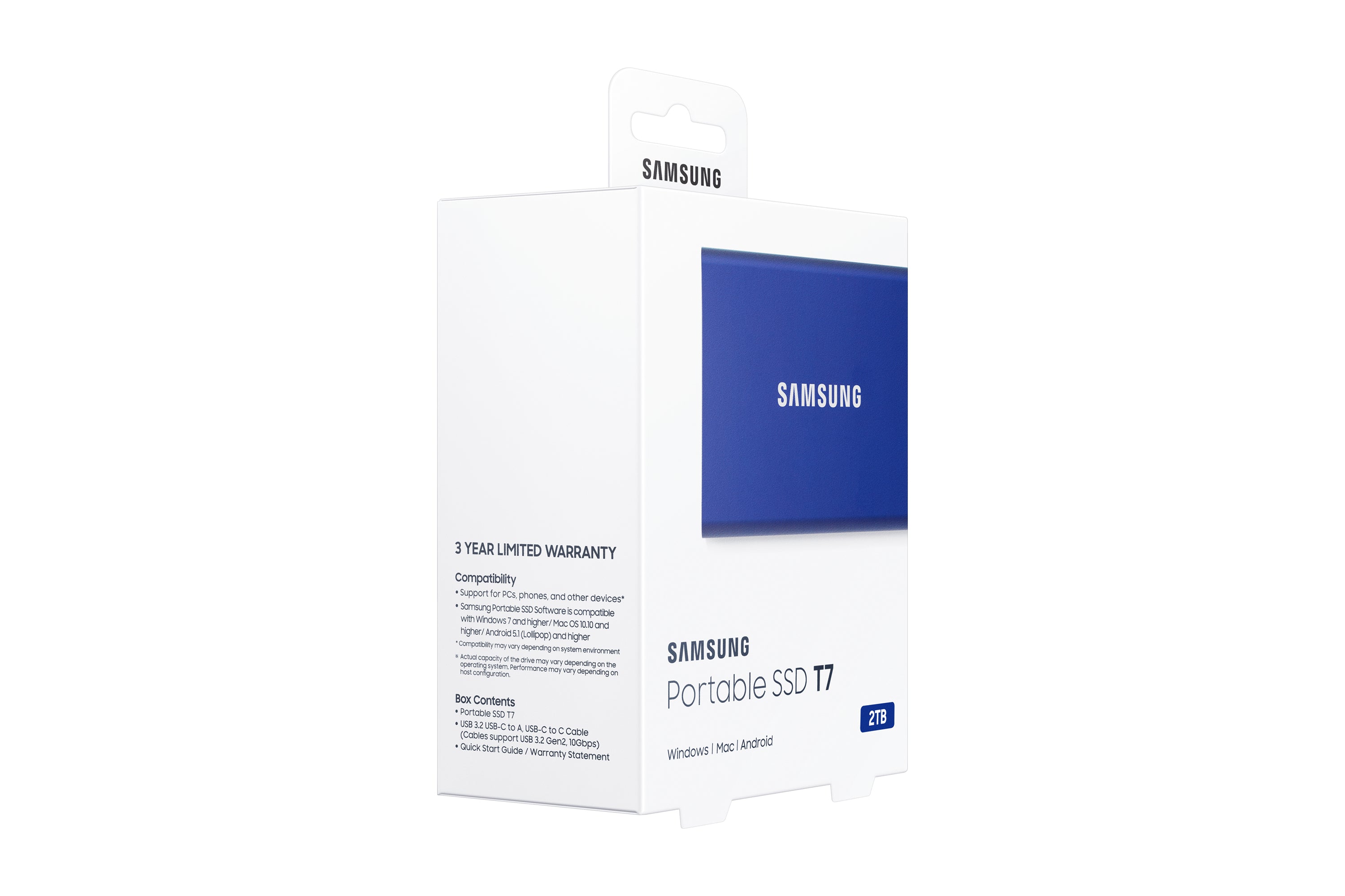 g Portable SSD T7 2 TB USB Type-C 3.2 Gen 2 (3.1 Gen 2) Blå Samsung MU-PC2T0H/WW 8806090312403|0887276396965|887276396965 Ex