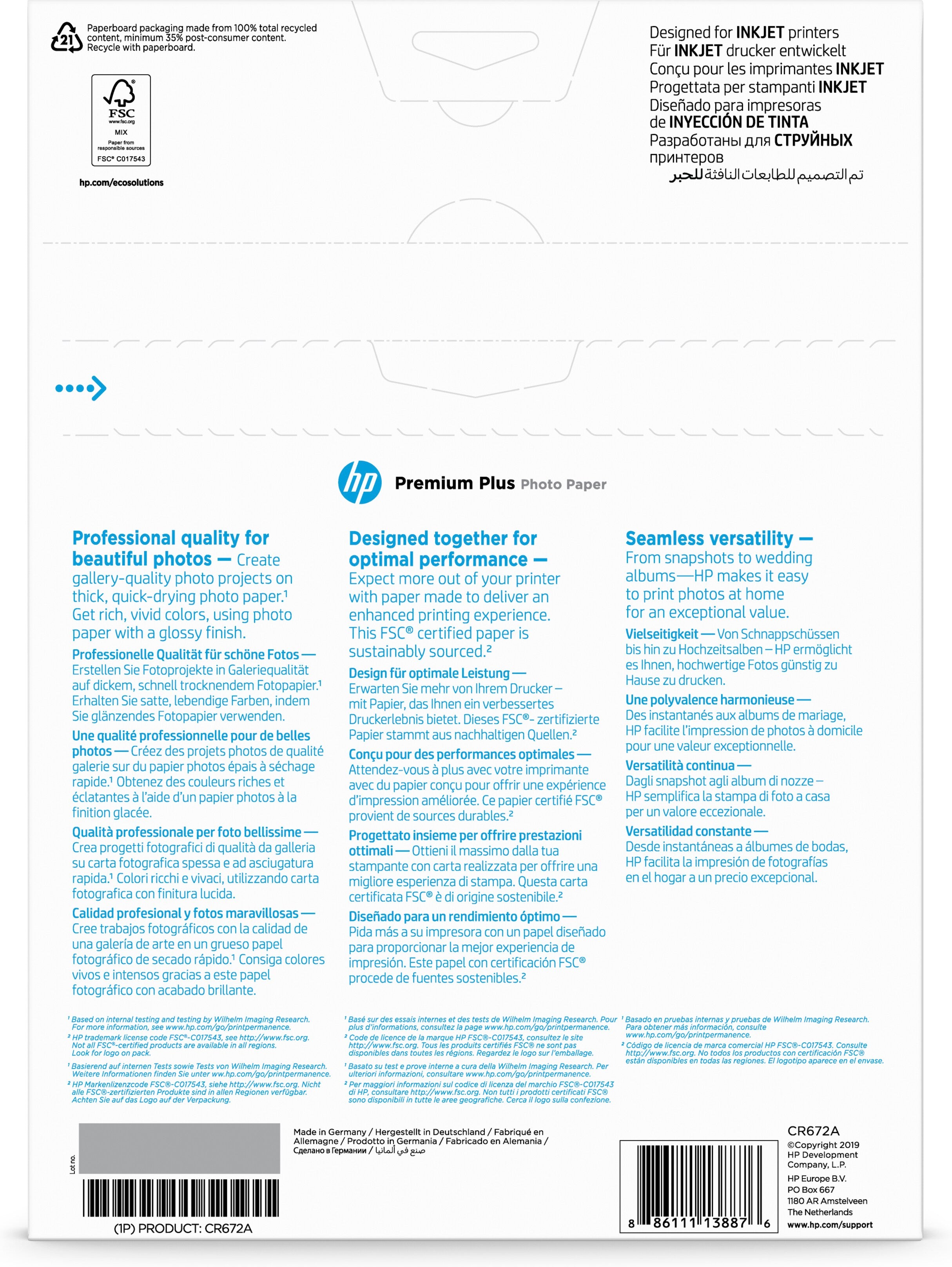 e HP Premium Plus glättat fotopapper 20 ark/A4/210 x 297 mm HP CR672A 0886111138876|886111138876 Fotopapper Premium Plus