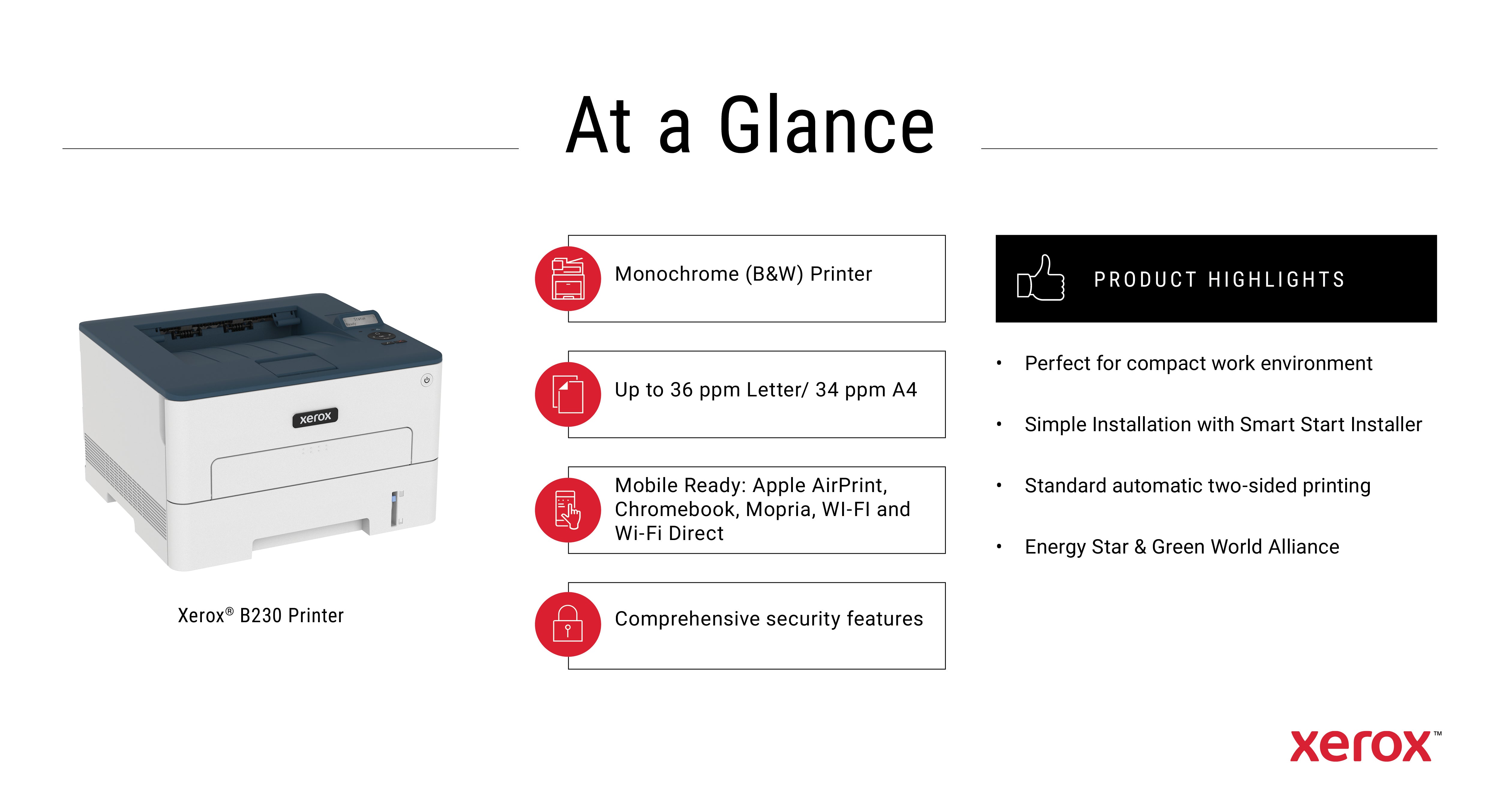 www.electricalstuff.se ElectricalStuff.se Xerox B230 A4 34 ppm trådlös dubbelskrivare PCL5e/6 2 magasin Totalt 251 ark Xer
