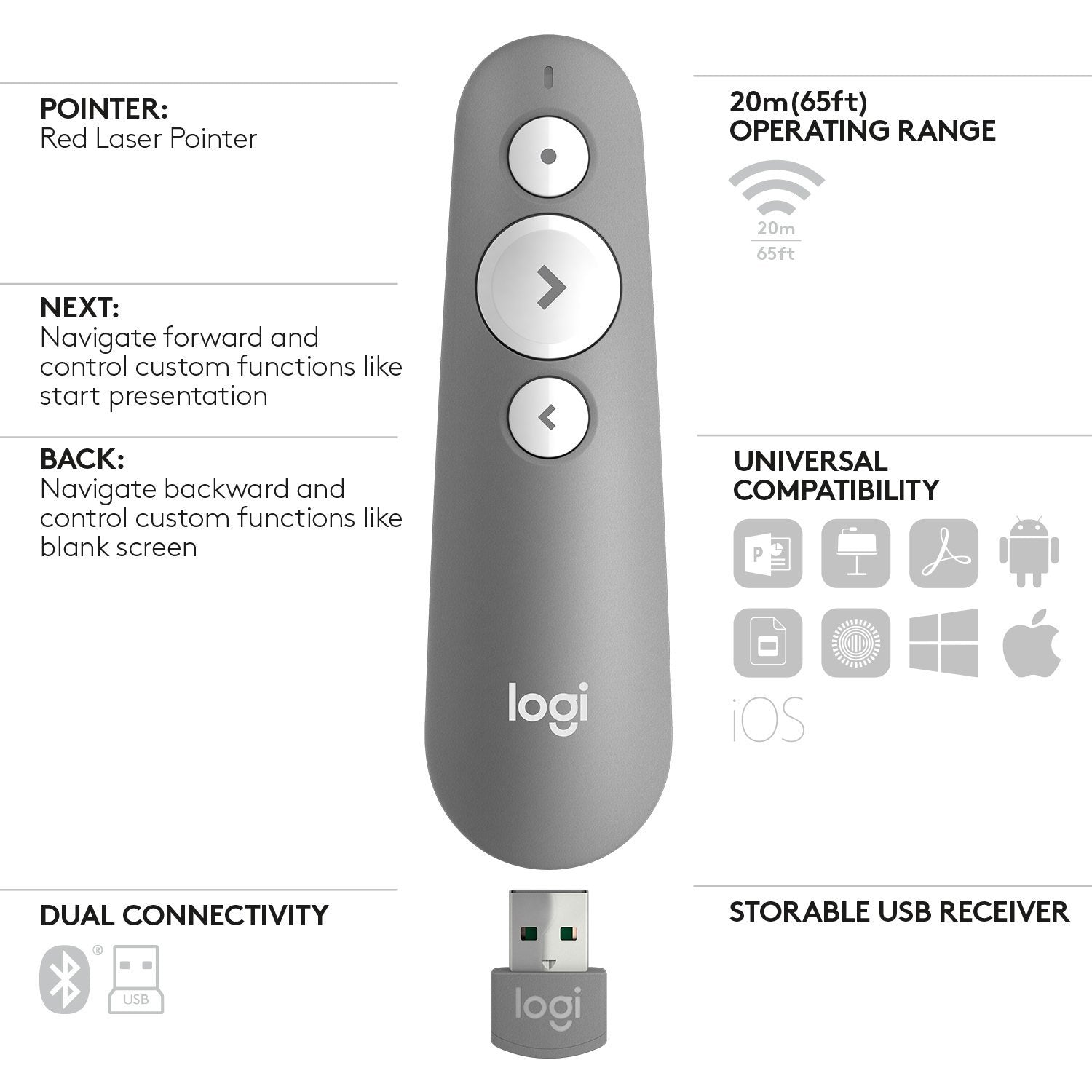 ricalstuff.se ElectricalStuff.se Logitech R500 trådlösa presentatörer Bluetooth/RF Grå Logitech 910-006520 5099206100589 T