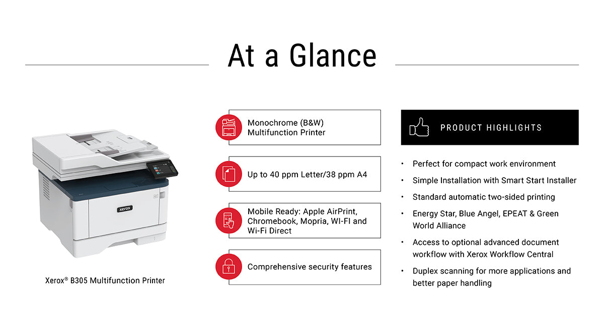 www.electricalstuff.se ElectricalStuff.se Xerox B305 A4 38 ppm trådlös dubbelkopiering/utskrift/scanning PS3 PCL5e/6 2 mag