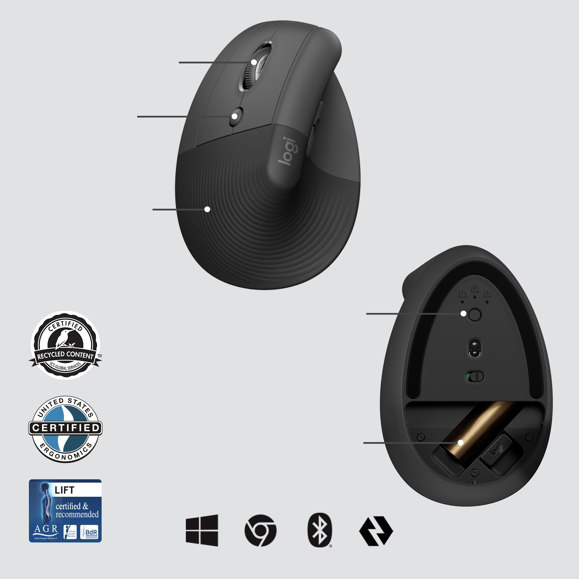 vänster hand Trådlös RF + Bluetooth Optisk 4000 DPI Logitech 910-006495 5099206099876 Datormöss Lift for Business www.ele
