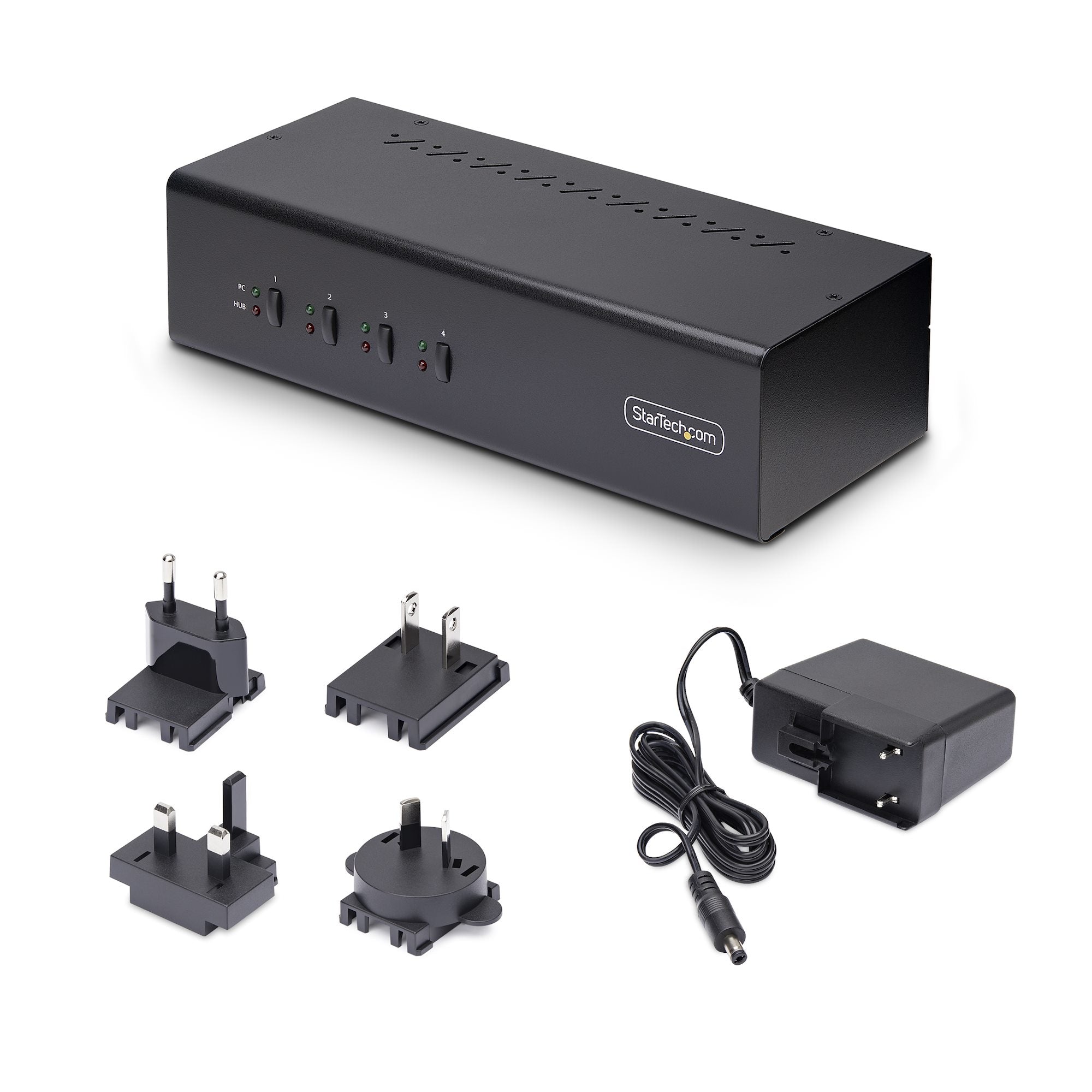 tch med fyra portar för dubbla bildskärmar, 4K 60 Hz, 2x USB 5 Gbps-hubbportar, 2x USB 2.0 HID-portar, växling med genvägsko