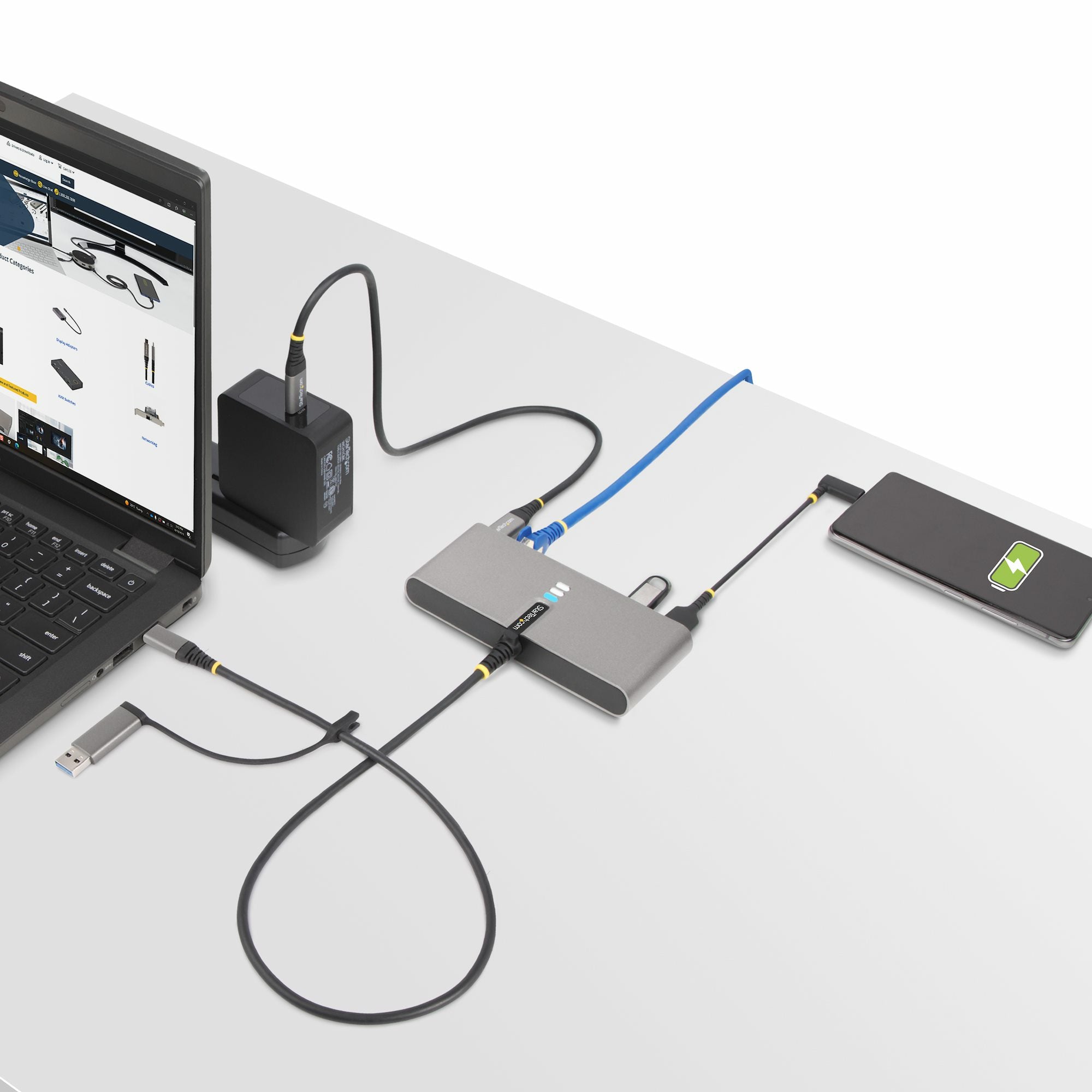 ngsstationer För Bärbara Datorer USB-C-hubb med Ethernet och RS-232, ansluten USB-C till USB-A-dongel, 100 W pass-through-