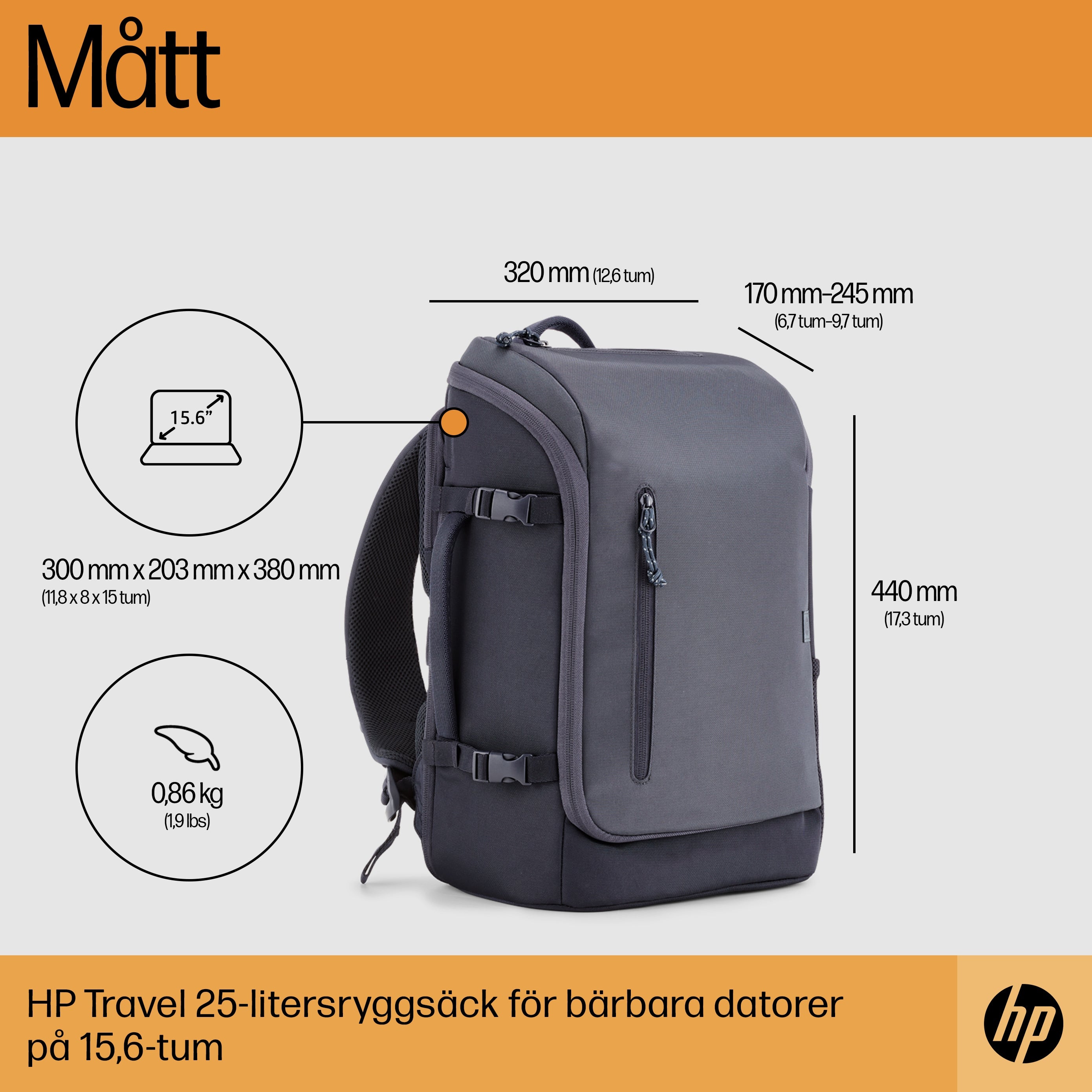  www.electricalstuff.se ElectricalStuff.se   HP Travel 25 liter ryggsäck för 15,6 tum bärbar dator i Iron Grey HP 6H2D8AA 019