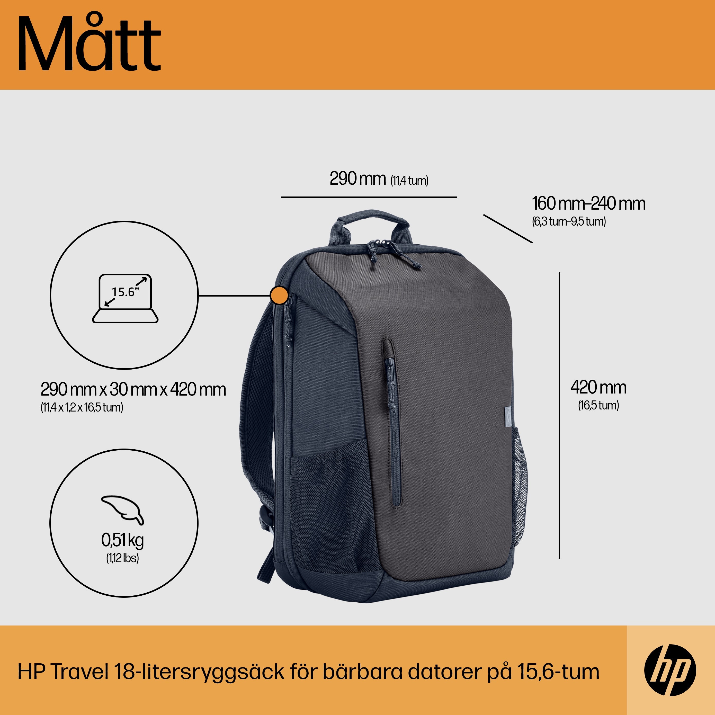  www.electricalstuff.se ElectricalStuff.se   HP Travel 18 liter ryggsäck för 15,6 tum bärbar dator i Iron Grey HP 6H2D9AA 019