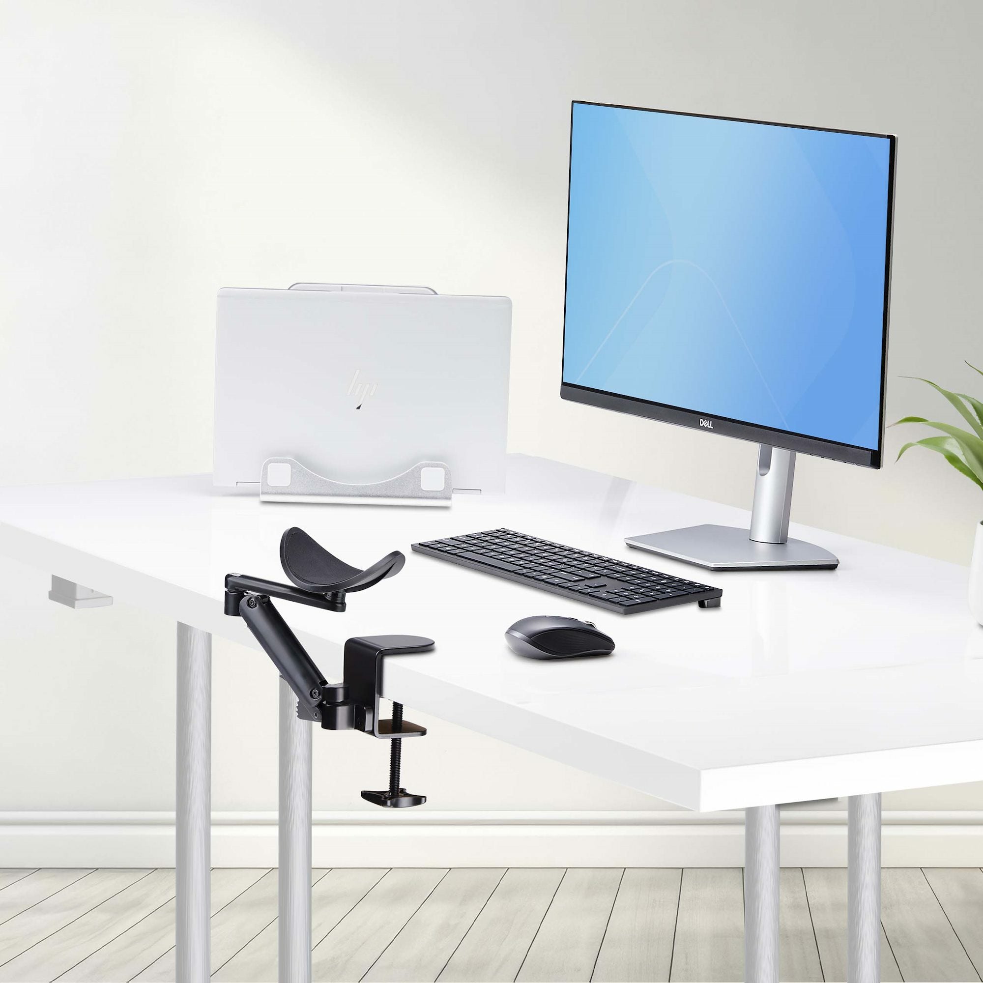  com Justerbart armstöd för kontorsbord, ergonomiskt stöd för arm/armbåge, 360 graders rotation, fastspänning/ingen borrning,