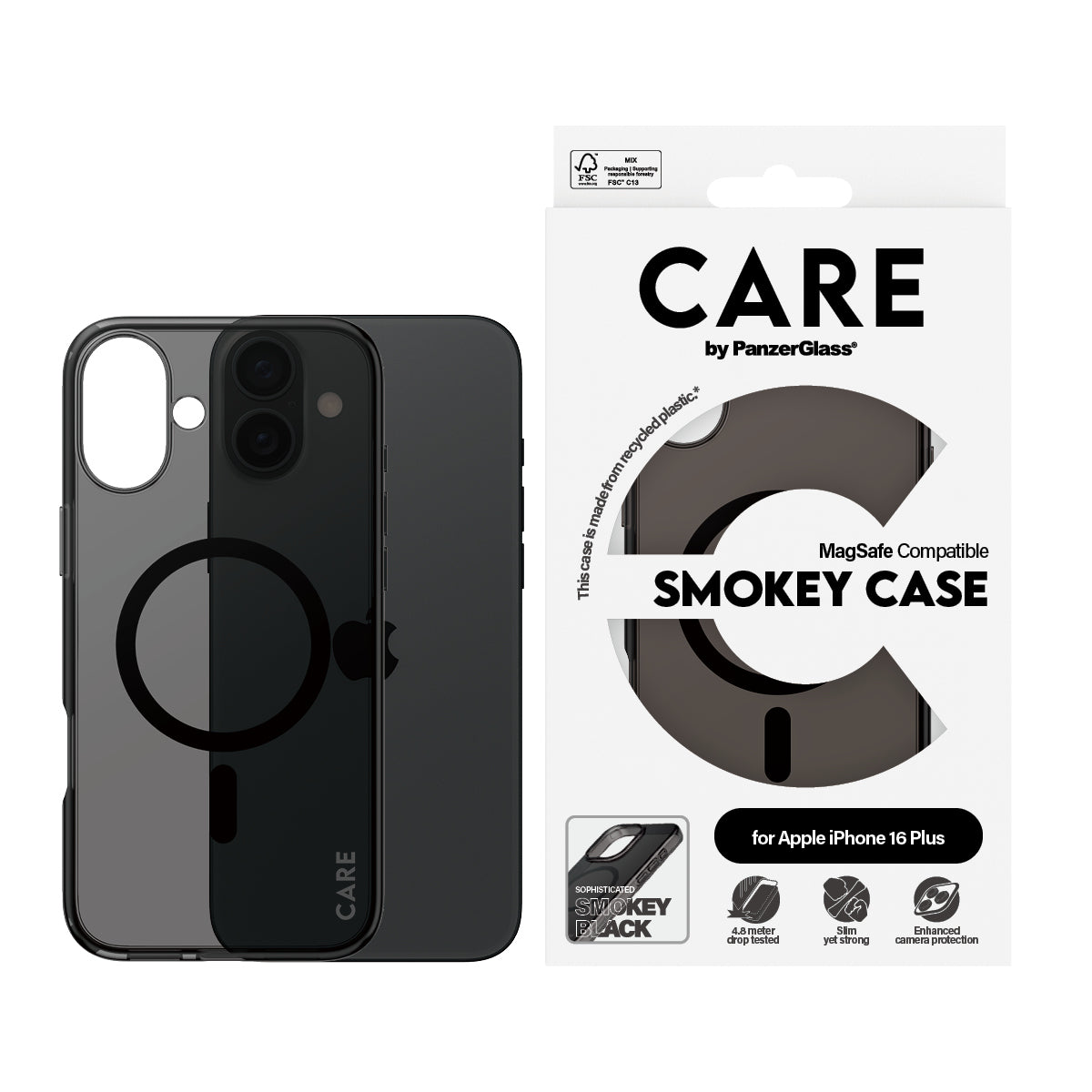 ansparent PanzerGlass 1351 5715685004179 Mobiltelefonfodral   CARE by PG Smokey w. MagS iPhone16 6.7 www.electricalstuff.se 