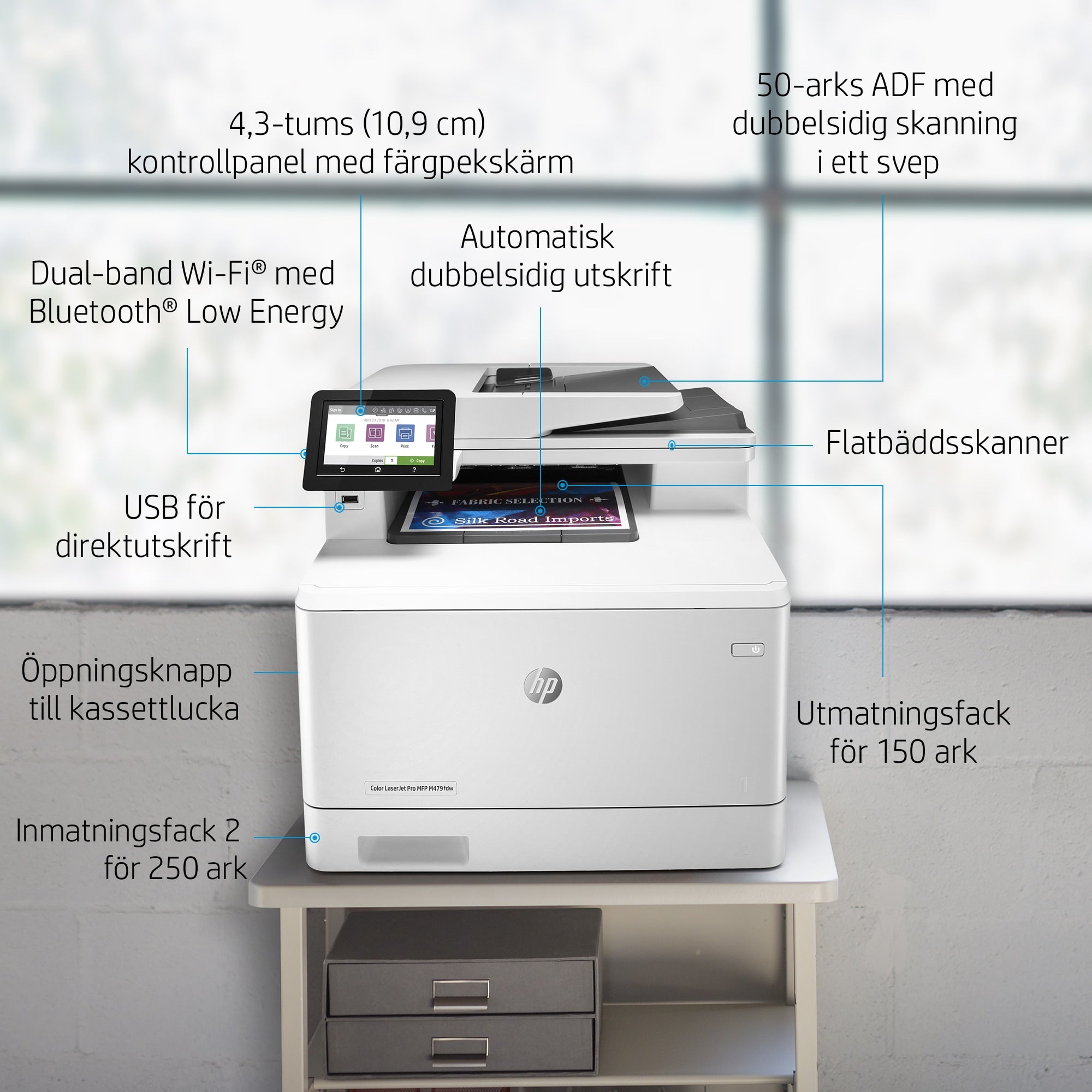  F; 50 arks ADF (ej ihoprullat) www.electricalstuff.se ElectricalStuff.se   HP Color LaserJet Pro MFP M479fnw, Skriv ut, kopi