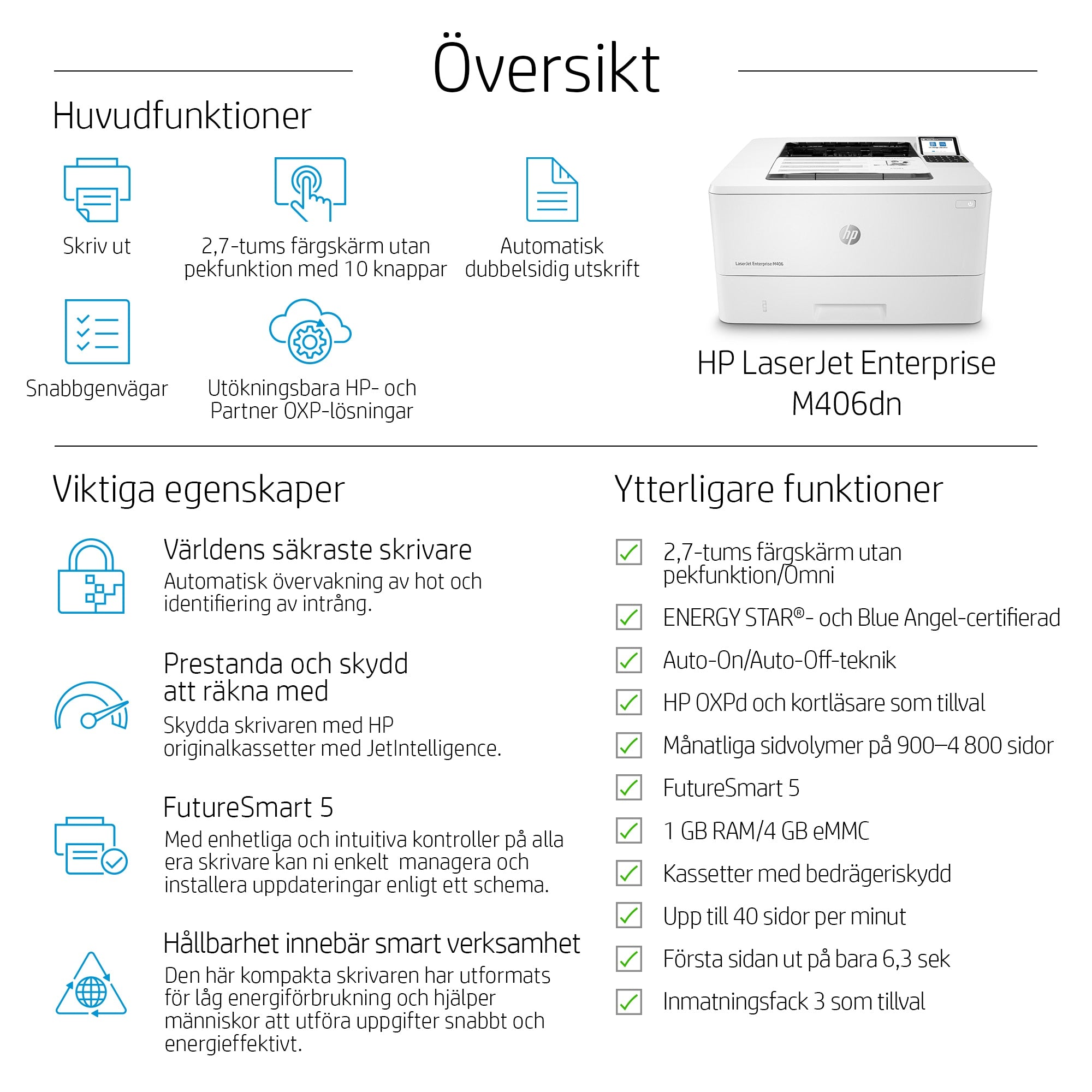  rskrivare LaserJet Enterprise  HP LaserJet Enterprise M406dn, Svartvit, Skrivare för Företag, Utskrift, Kompakt storlek; Hög