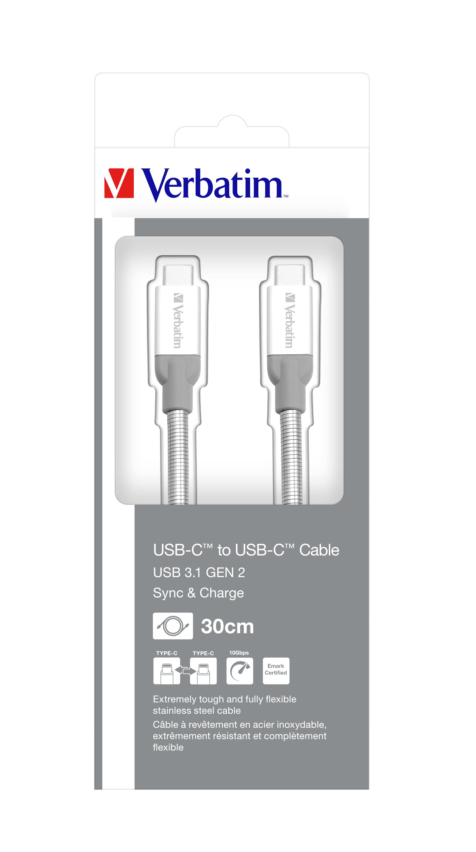   Verbatim USB-C till USB-C synkroniserings- och laddningskabel i rostfritt stål USB 3.1 GEN 2 30 cm Verbatim 48867 002394248
