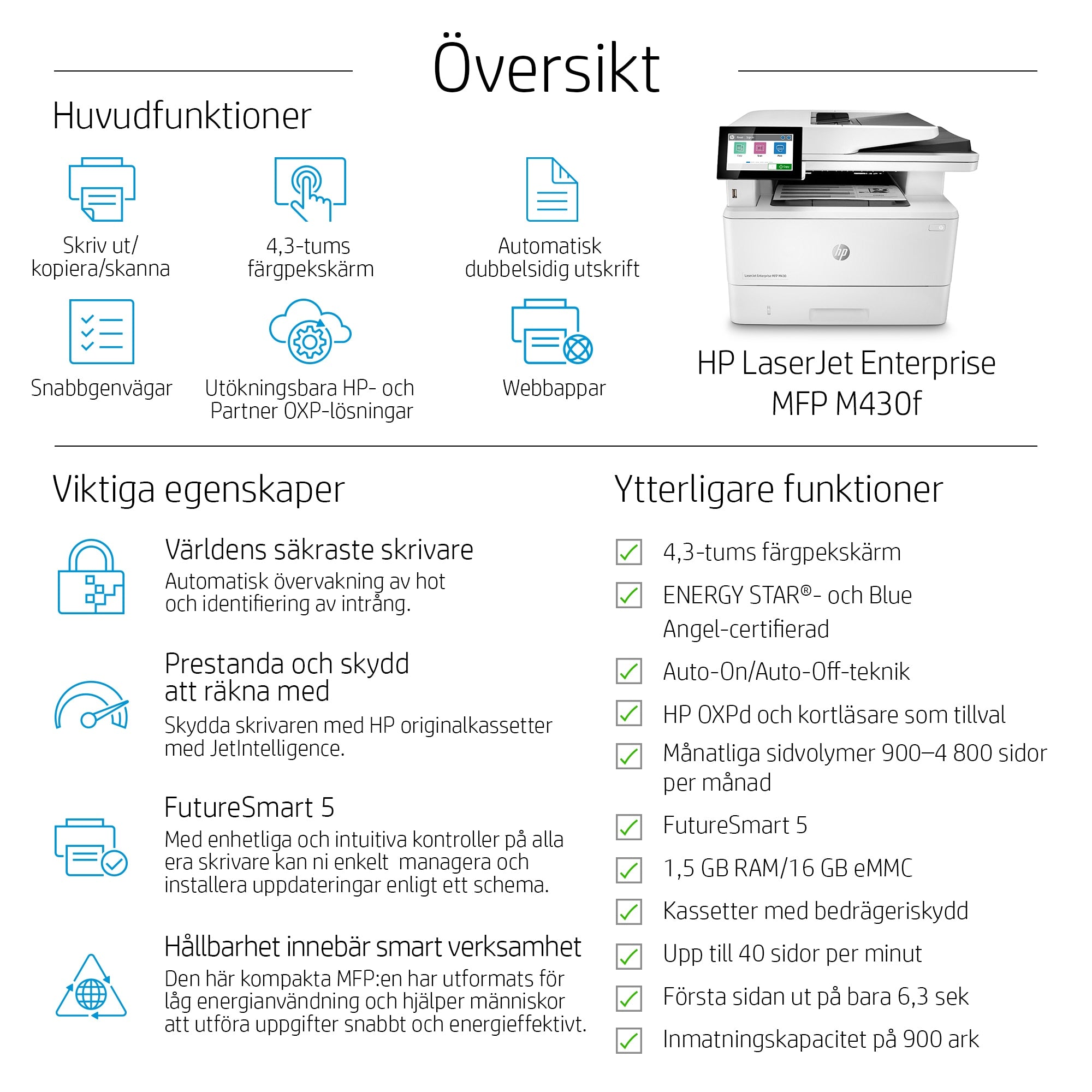  ift; Dubbelsidig skanning; Utskrift från USB-port på framsidan; Kompakt storlek; Energieffektiv; Hög säkerhet www.electrical