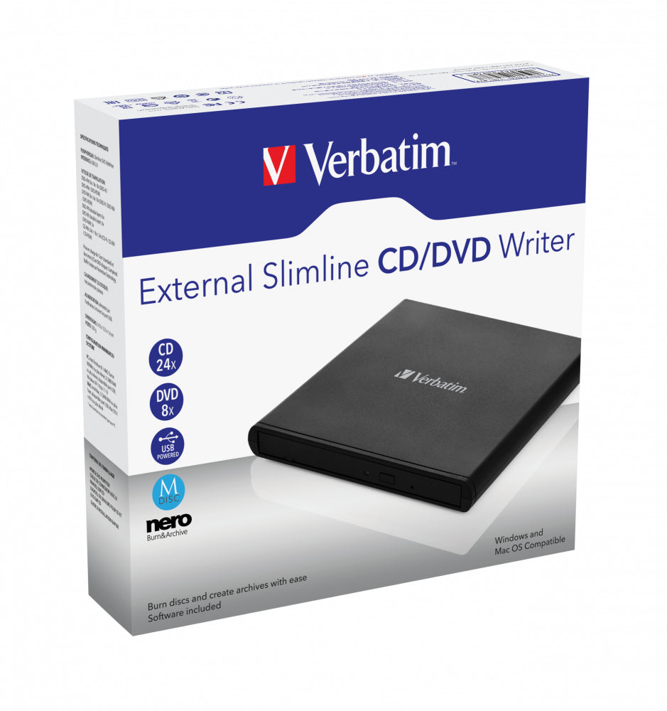     Verbatim External Slimline CD/DVD Writer optiska enheter DVD±RW Svart Verbatim 53504 0023942535041|023942535041 Optiska E