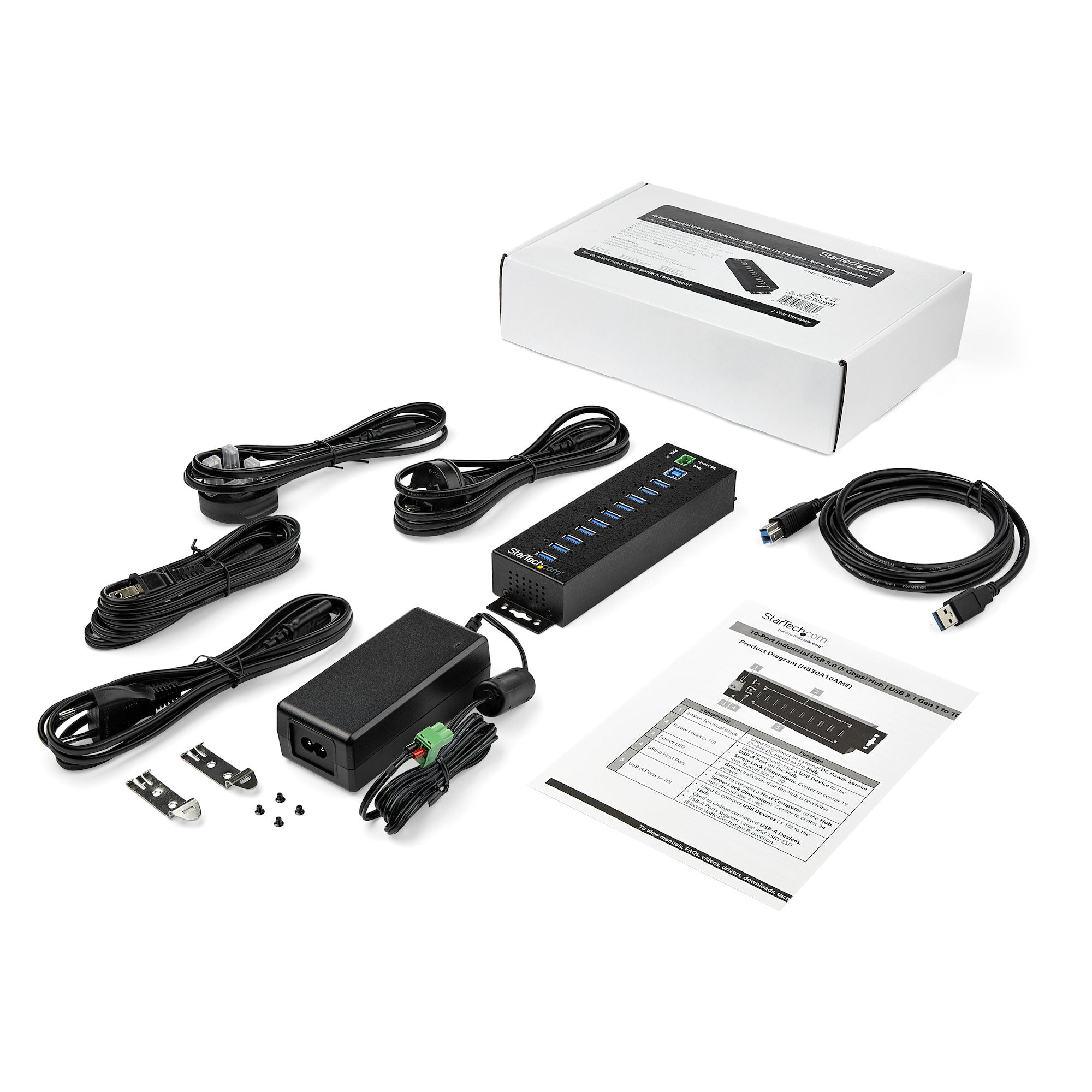  dustriell USB-A-hubb i metall med ESD- och 350 W överspänningsskydd - Monterbar på DIN-skena/vägg/skrivbord - Höghastighets 
