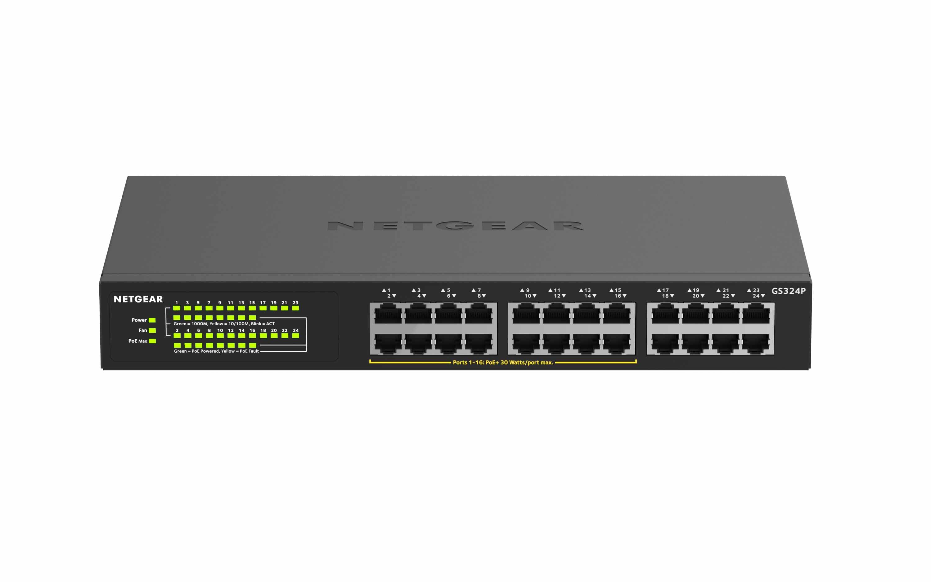  ETGEAR GS324P Ohanterad Gigabit Ethernet (10/100/1000) Strömförsörjning via Ethernet (PoE) stöd 1U Svart NETGEAR GS324P-100E