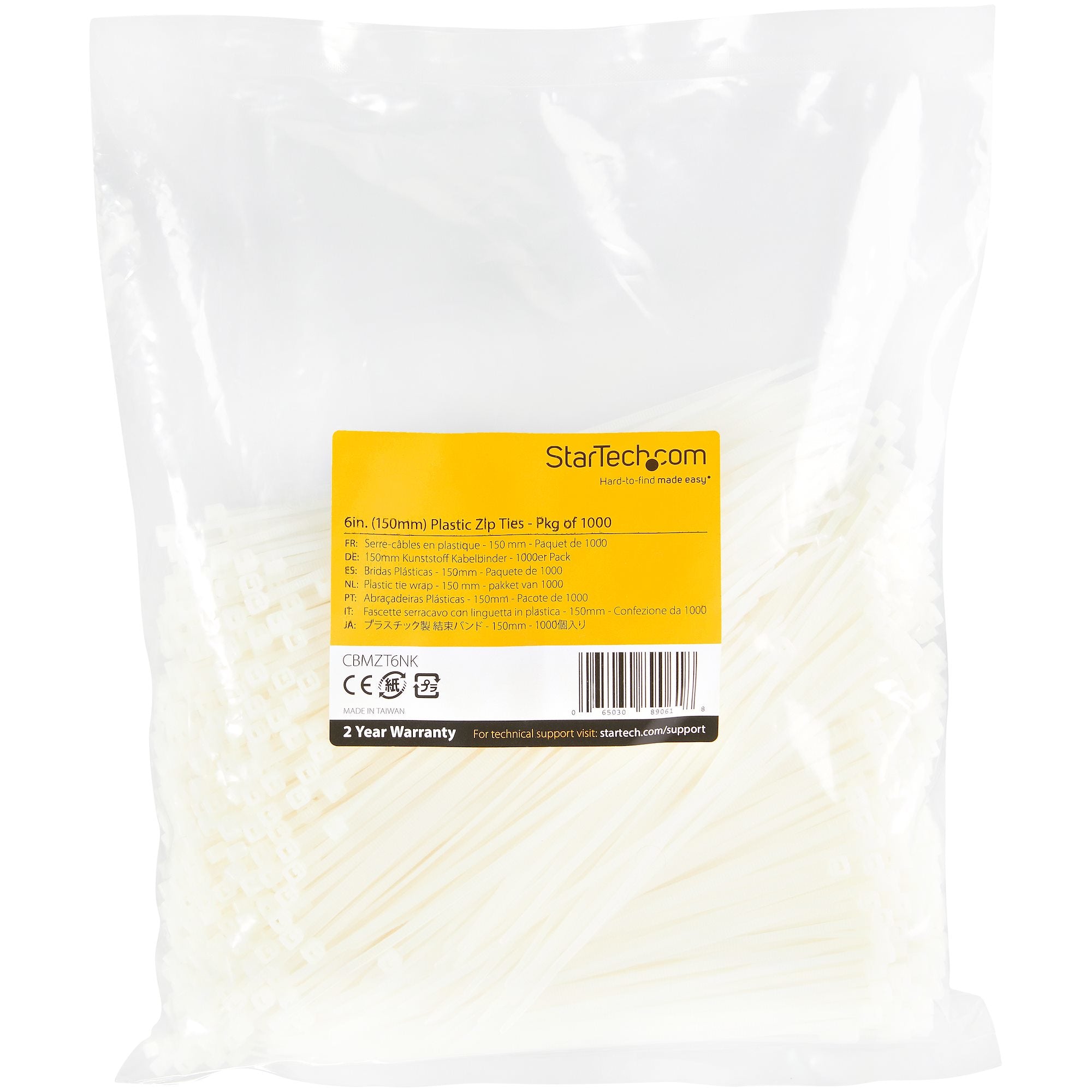  asthet, självlåsande spärrband för nylon med böjd spets, 94 V-2/UL listad, 1000-pack - vitt StarTech.com CBMZT6NK 0065030890