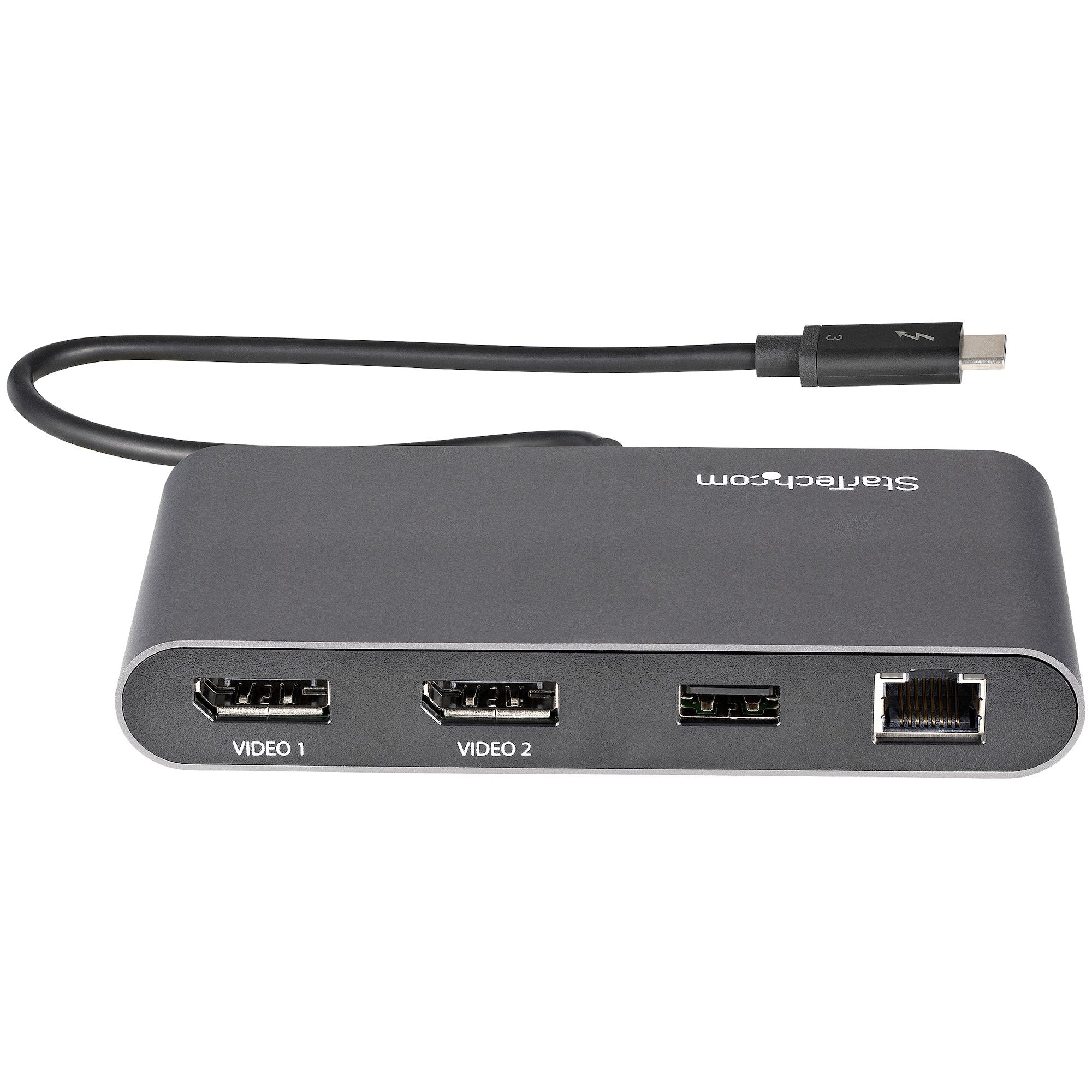  nidockningsstation - bärbar TB3-dockningsstation för dubbelskärm med DisplayPort 4K 60 Hz - 1x USB-A (3.2) och GbE - 28 cm i
