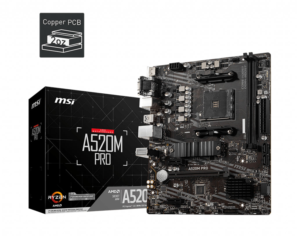  6063 Moderkort   A520M PRO www.electricalstuff.se ElectricalStuff.se   MSI A520M PRO moderkort AMD A520 Uttag AM4 micro ATX 