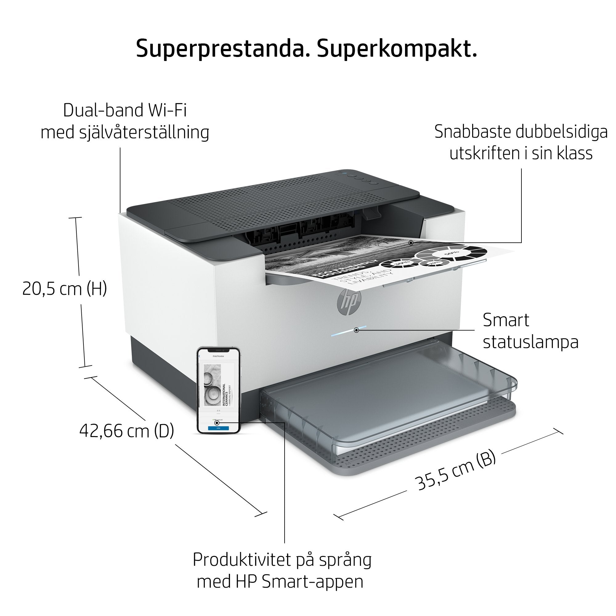   Kompakt storlek; Energieffektiv; Dual-Band Wi-Fi www.electricalstuff.se ElectricalStuff.se   HP LaserJet M209dw skrivare, S