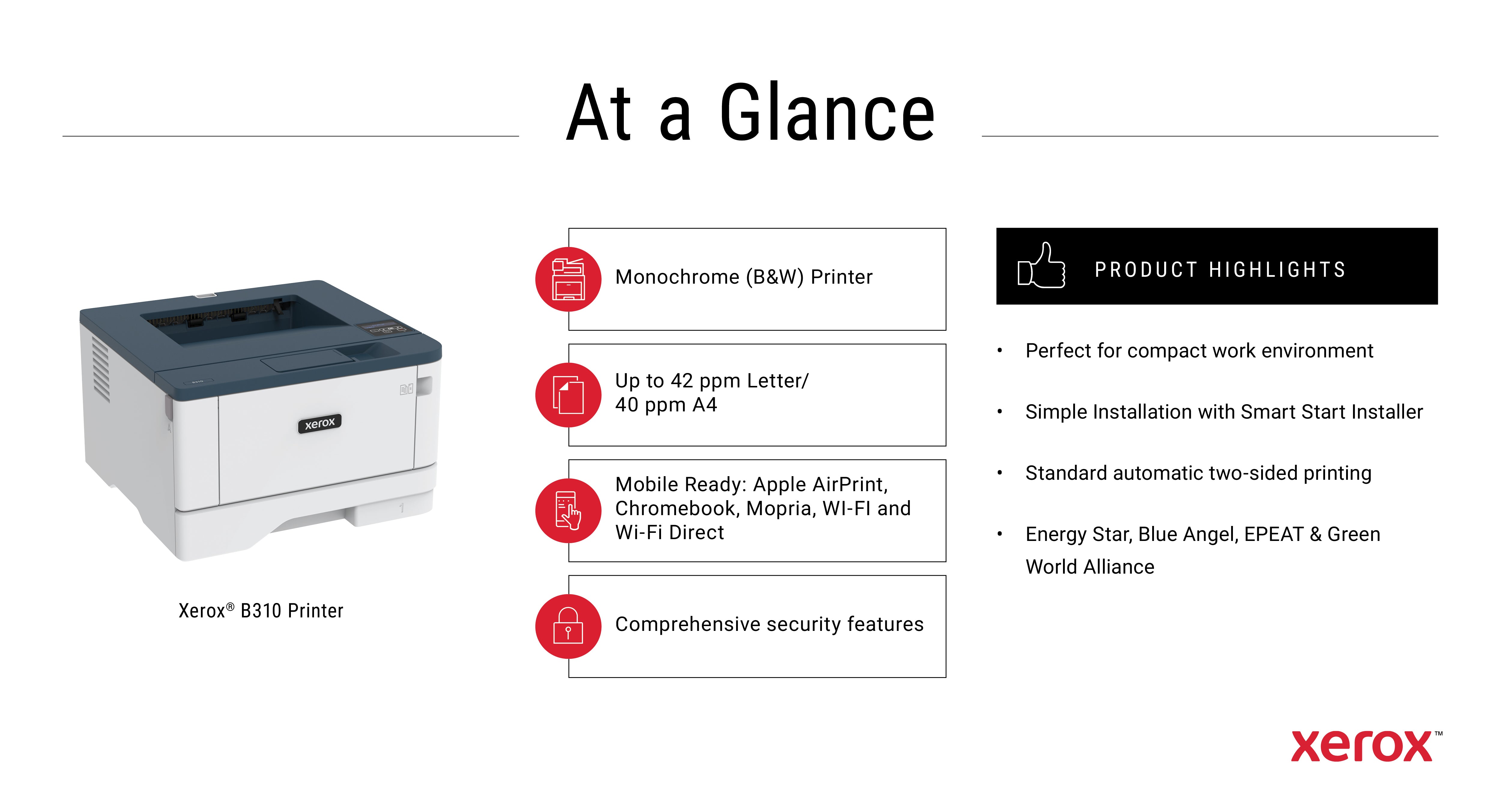  www.electricalstuff.se ElectricalStuff.se   Xerox B310 A4 40 ppm trådlös dubbelsidig skrivare PS3 PCL5e/6 2 magasin Totalt 3