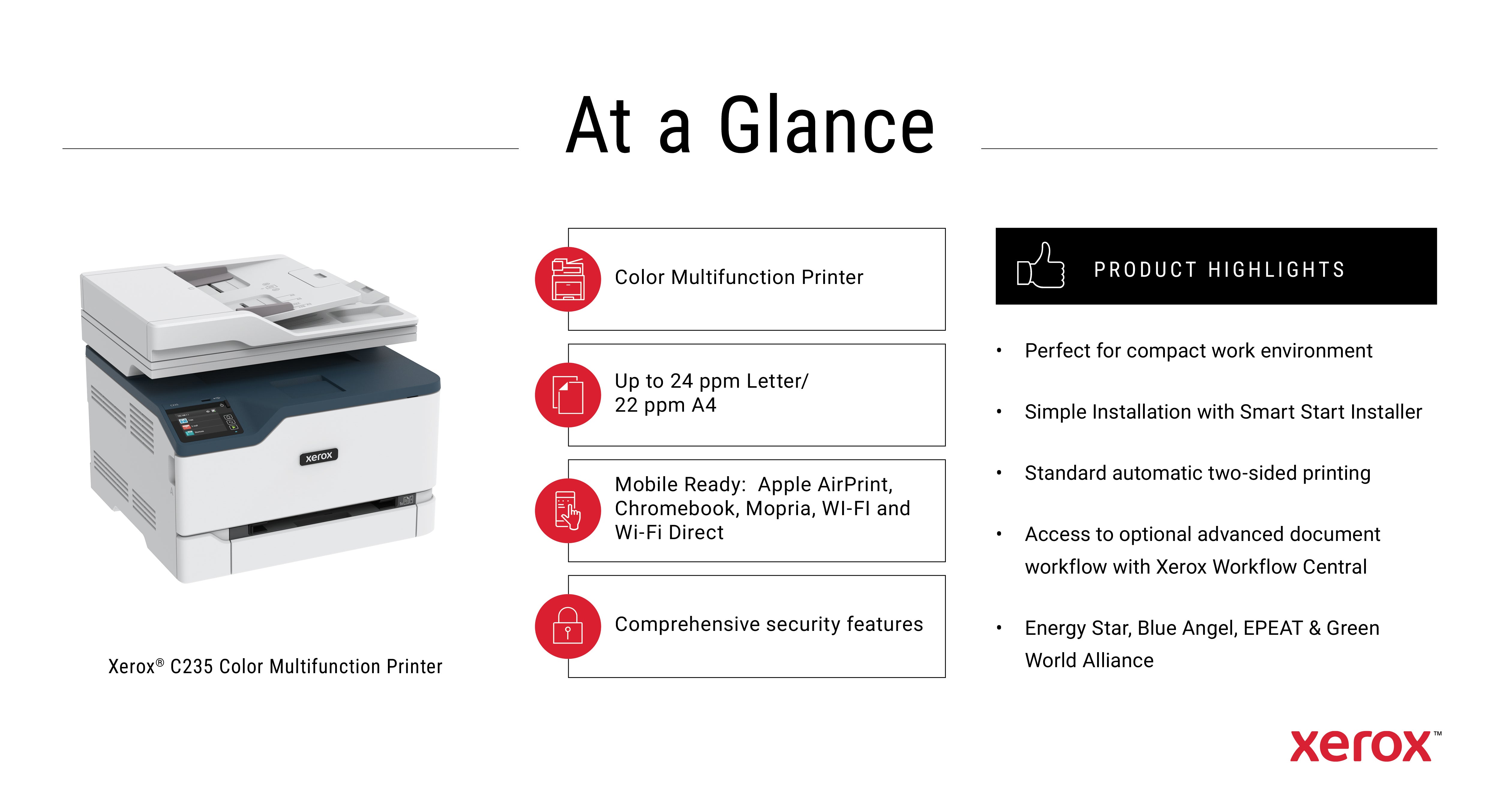  www.electricalstuff.se ElectricalStuff.se   Xerox C235 A4 22 ppm trådlös kopiering/utskrift/scanning/fax PS3 PCL5e/6 ADF 2 m